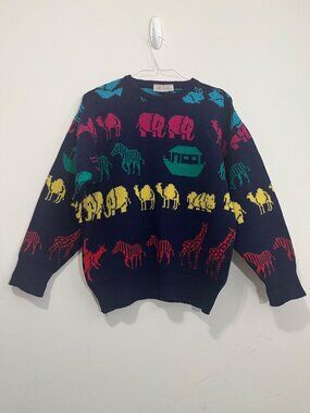 Vtg Pitlochry Shetland Wool Noah's Ark Animal Intarsia Novelty Sweater L Cottage